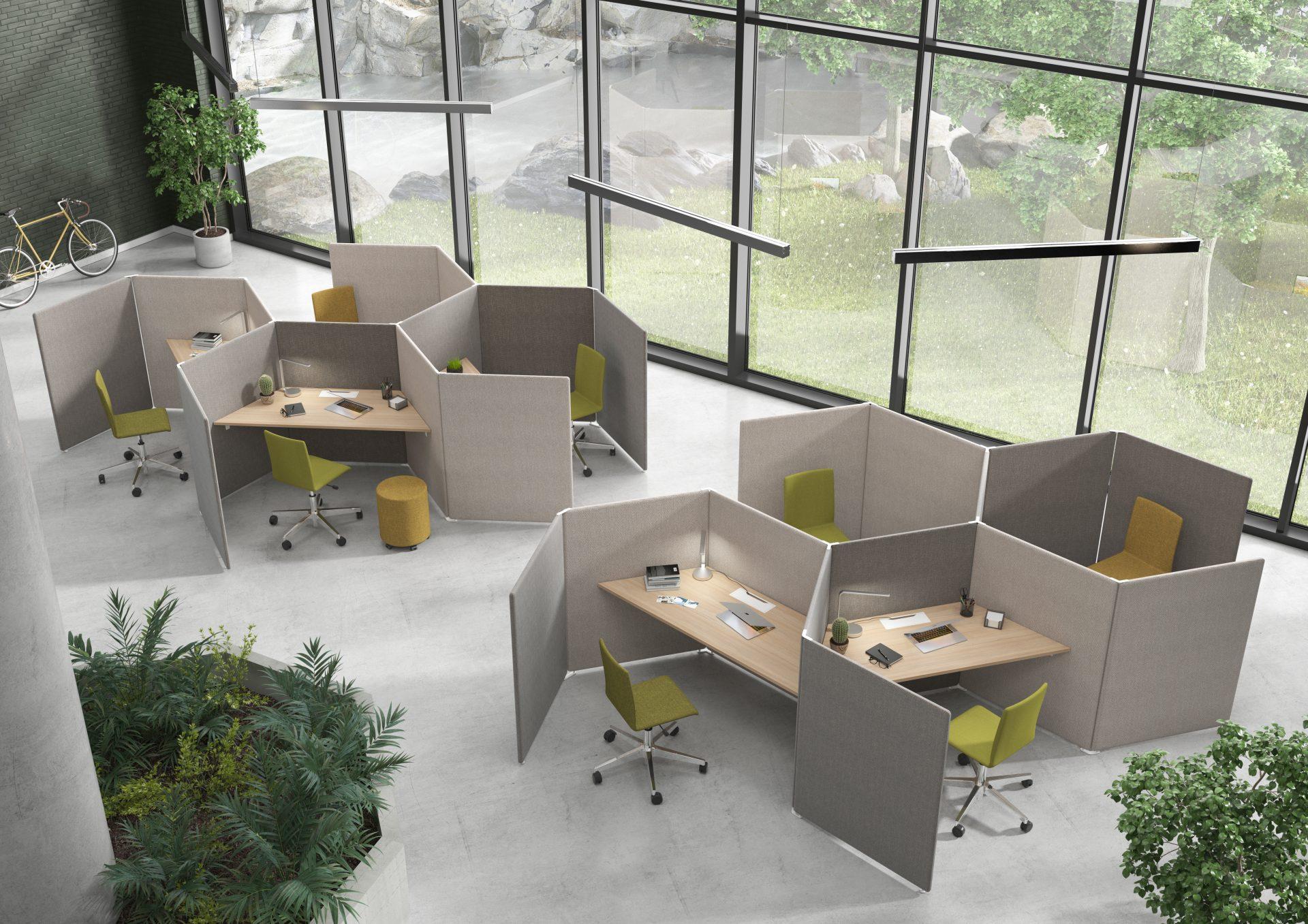 Open-plan office with modular workstation fitout and acoustic pods